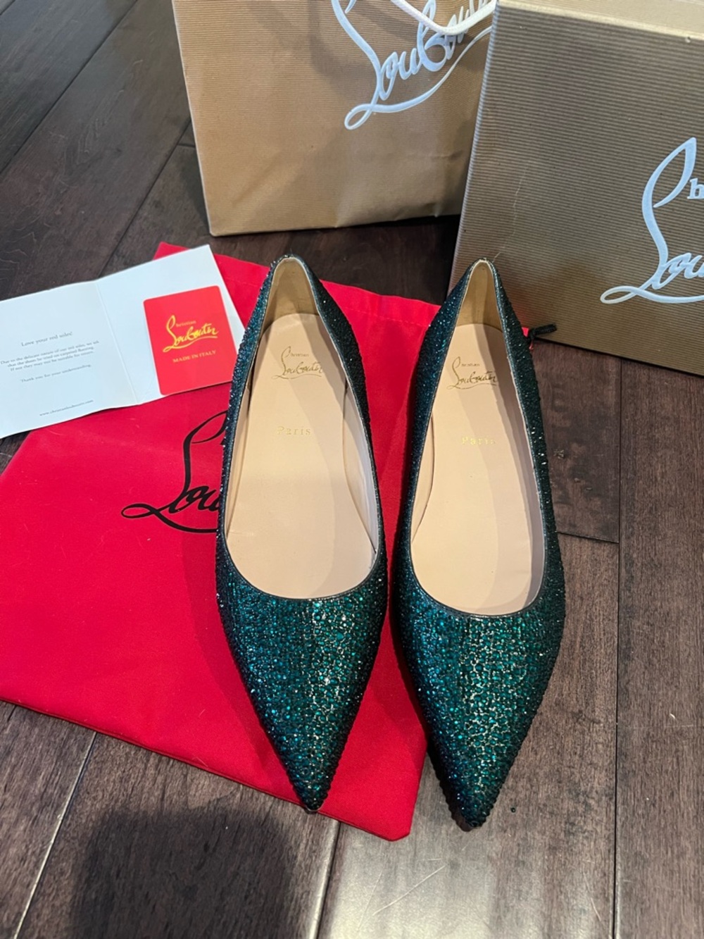 Christian Louboutin Green Glitter Pointed-Toe Flats with Red Dust Bag, box & bag - Picture 4 of 7